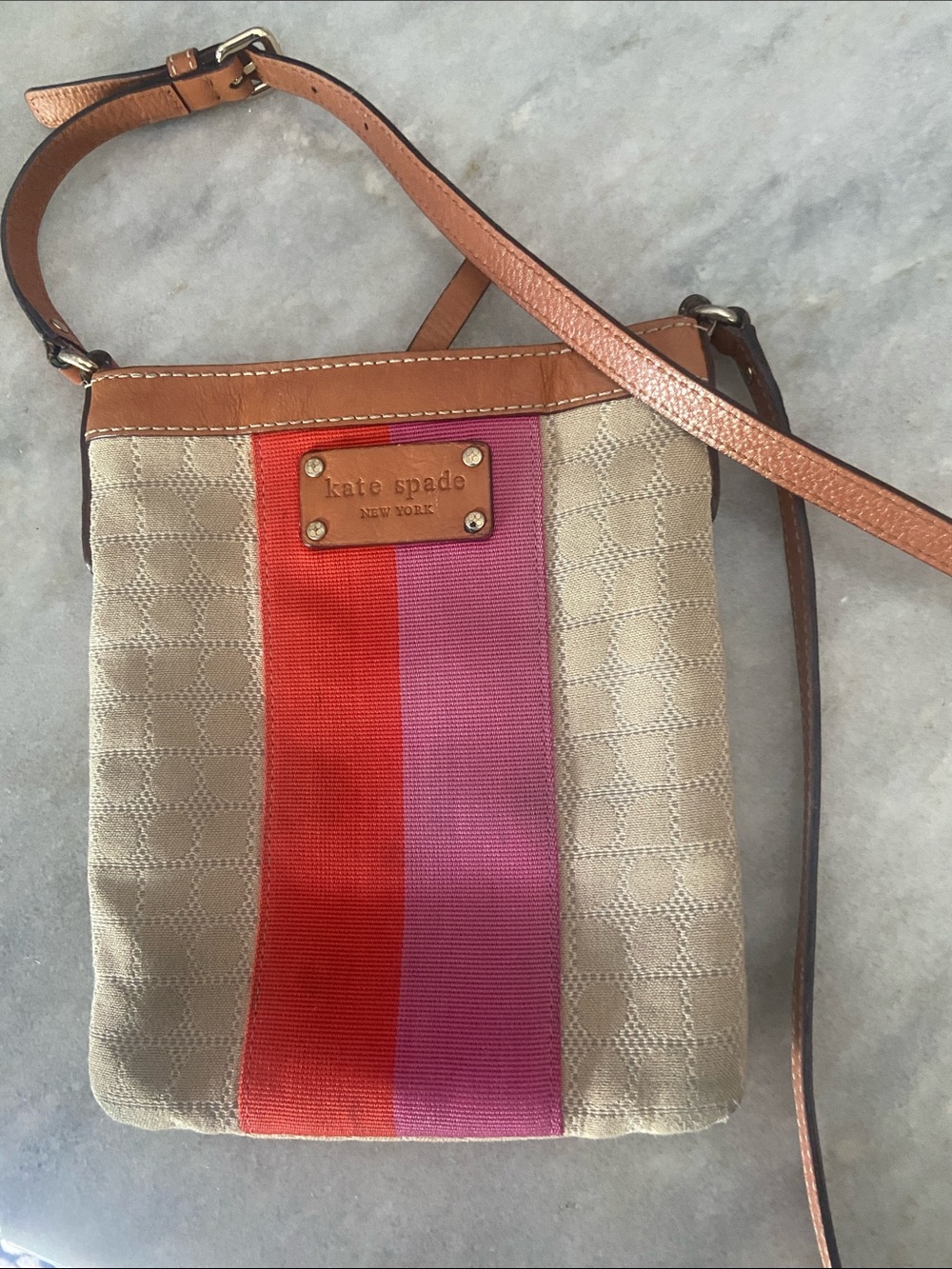 kate spade Beige Canvas Crossbody with Pink and Red Center Stripe